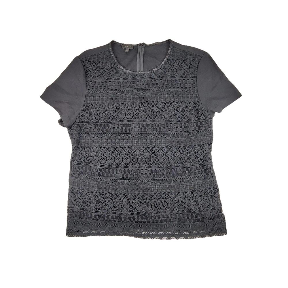 Talbots Shirt Womens XL Black Lace Crochet Overlay Short Sleeve Back Zip Top